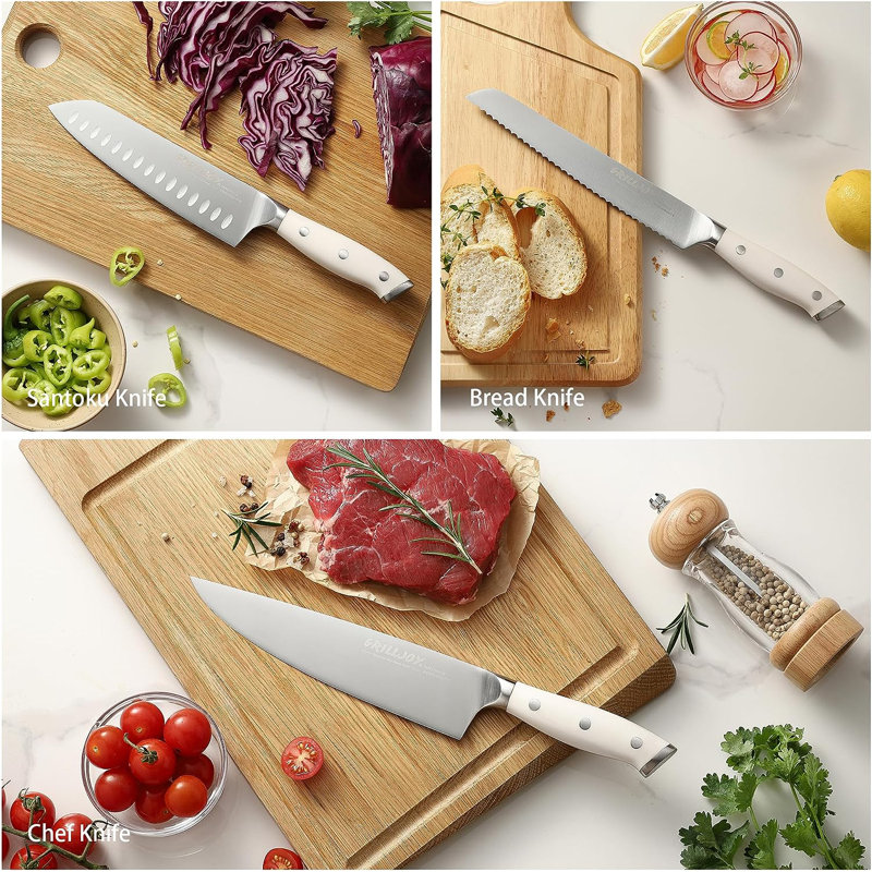 Ensemble de 17 couteaux de qualité supérieure avec bloc de couteaux dans le tiroir, ensembles de couteaux de cuisine à triple rivet blanc, acier inoxydable allemand à haute teneur en carbone, ensemble de couteaux de chef polyvalent pour une utilisatio