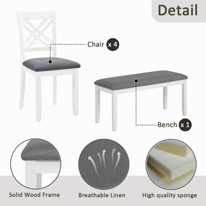Ensemble de salle à manger de cuisine 6 pièces, table de salle à manger rectangulaire en bois avec 4 chaises rembourrées et un banc, ensemble de table de salle à manger pour 6 personnes, salon et cuisine, gris et blanc deux tons