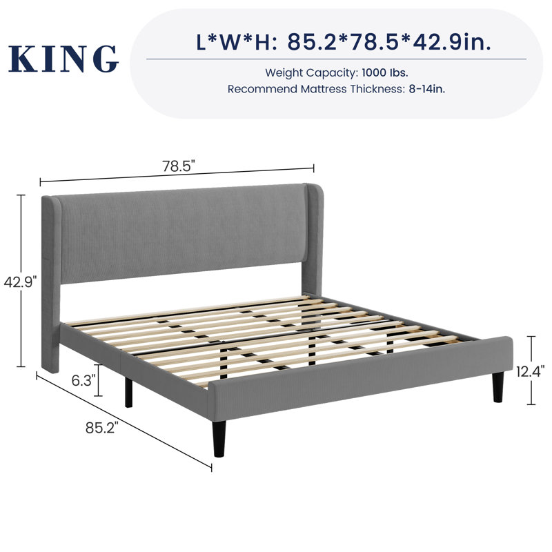 Structure de lit double avec tête de lit tapissier, structure de lit plateforme en bois avec 2 poches de rangement, dossier à oreilles capitonné à rainures verticales, lattes de bois robustes, aucun sommier requis, silencieux