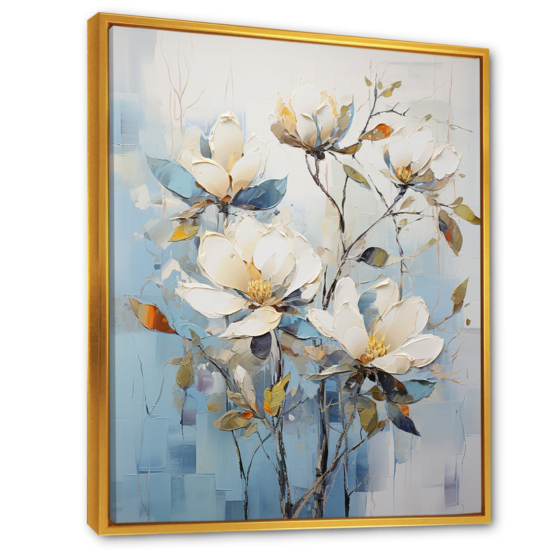 «Blue and White Magnolias Flowers Harmony» sur toile, Cadre flottant doré, H 32 po x l 24 po x P 1 po