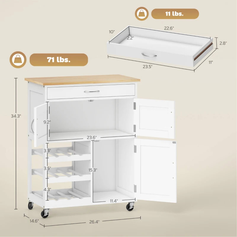 Chariot de cuisine portable, îlot de cuisine mobile, îlot de cuisine avec rangement, H 34,3 po x l 26,5 po x P 14,5 po, Blanc