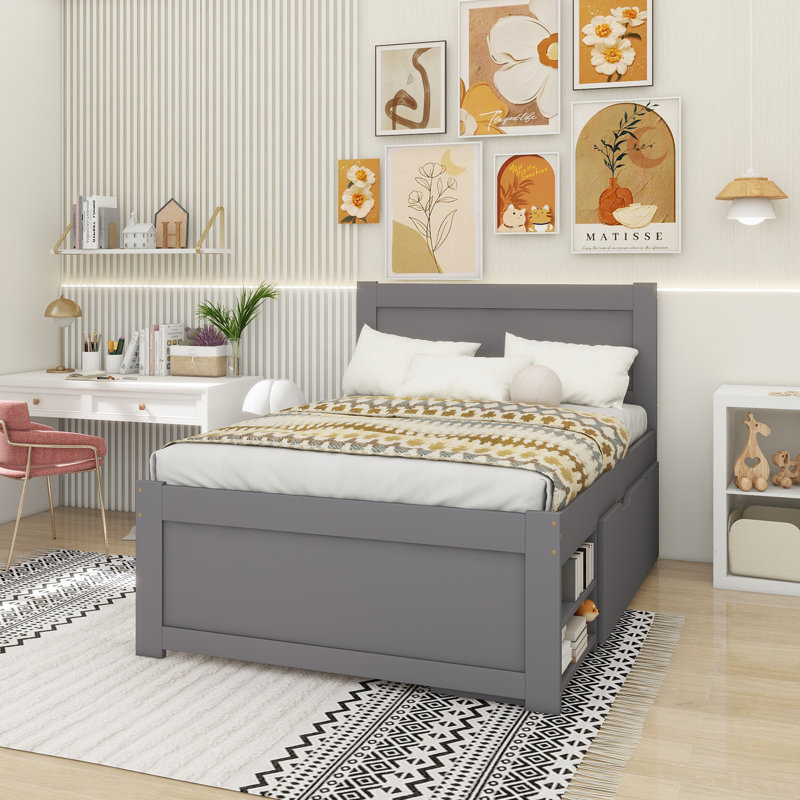 Lit plateforme avec tiroir et deux tablettes, Grey, Double