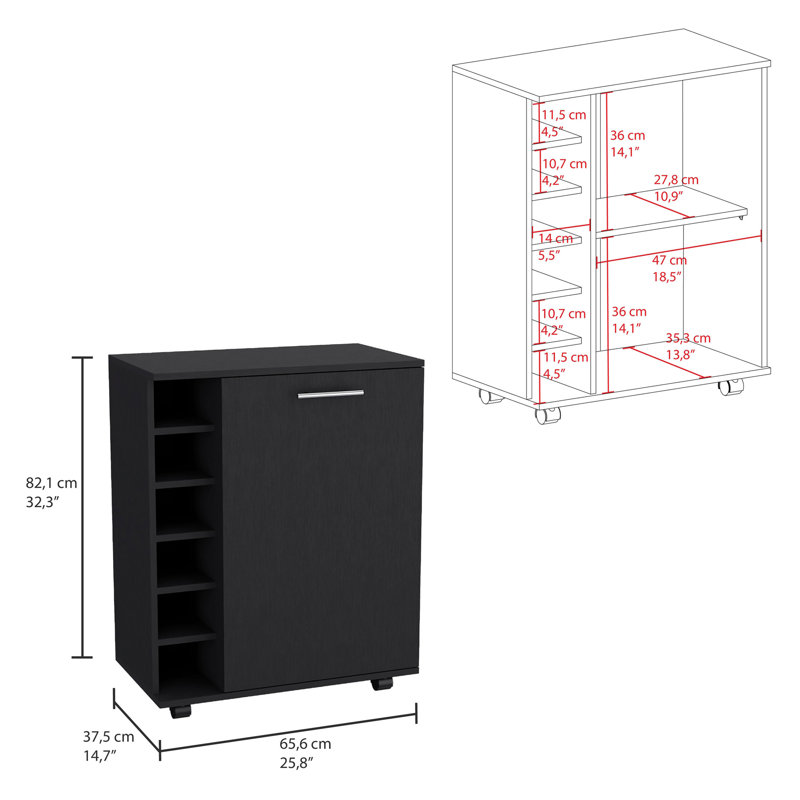 Chariot-bar Wick avec rangement intégré pour le vin, armoire spacieuse et roulettes lisses, Noir