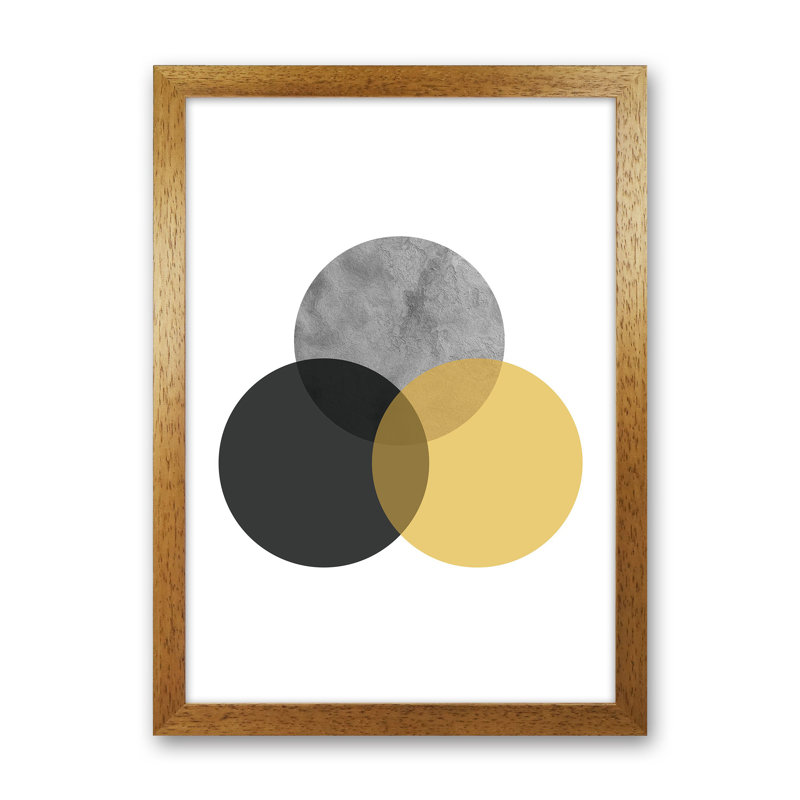 Geometric Mustard And Black Circles by Pixy Paper - Print, Oak Framed, 42cm H x 29.7cm W x 3cm D