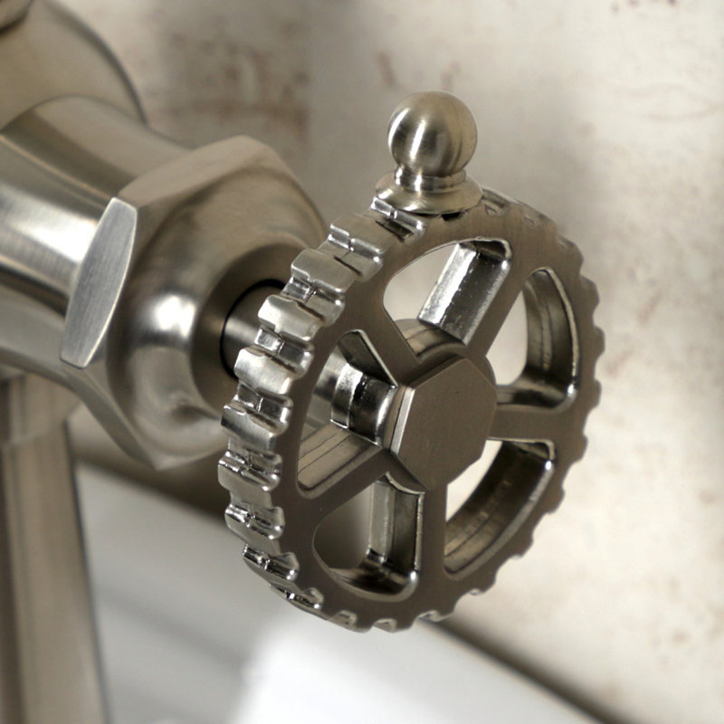 Kingston Brass Fuller Single-Handle 1-Hole Deck Mount Bathroom Faucet with Push Pop-Up and Deck Plate, Wheel, Brushed Nickel