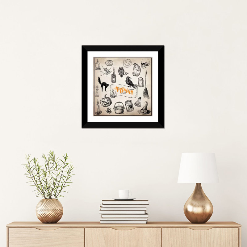 Trove d’halloween, impression sur toile tendue, H 16 po x l 16 po x P 1 po, Papier d'art encadré noir, Blanc