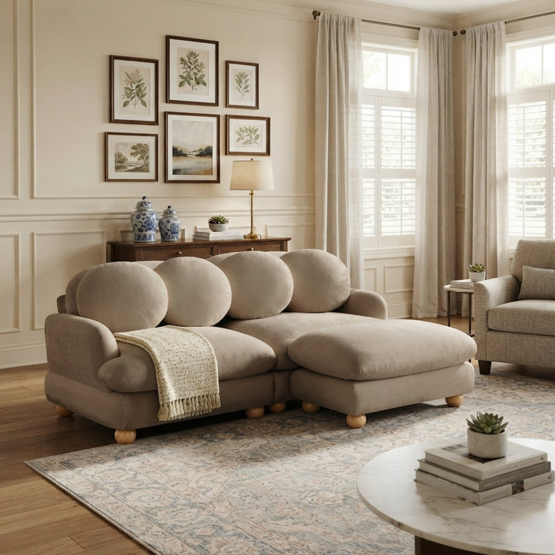 Canapé 2 places moderne en chenille de 173 cm avec pouf flexible, 4 coussins ronds et pieds en bois massif, couleur taupe.