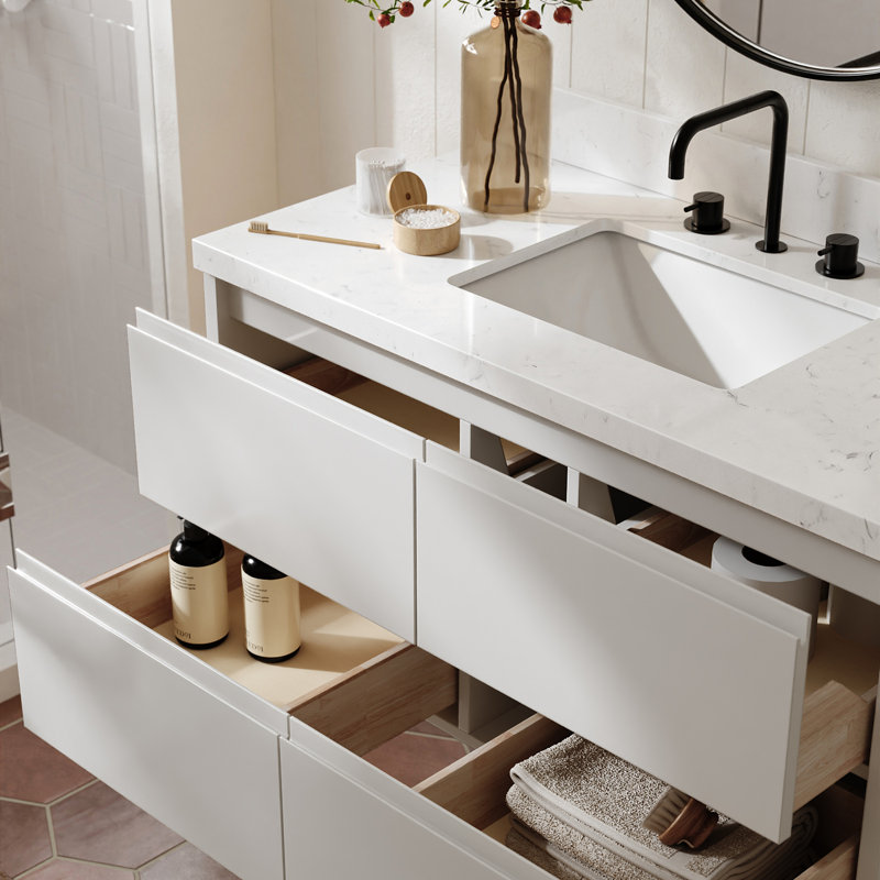   Ensemble de meuble-lavabo mural simple rectangulaire de 42 po avec comptoir à quartz blanc de Carrare, Ensuko, Blanc chaud