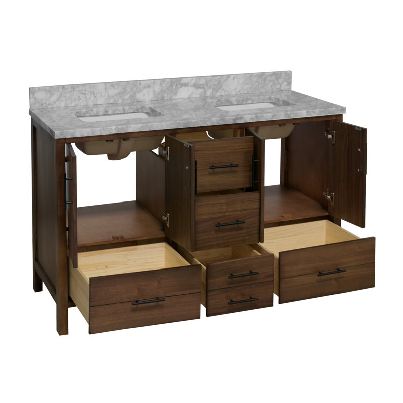 Ensemble de meuble-lavabo double 60 po Kiara, Marbre de Carrare, Noyer