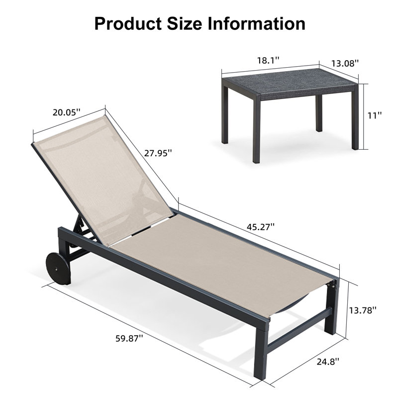  Chaise longue d'extérieur en métal résistante à la rouille avec table (ensemble de 4), Beige