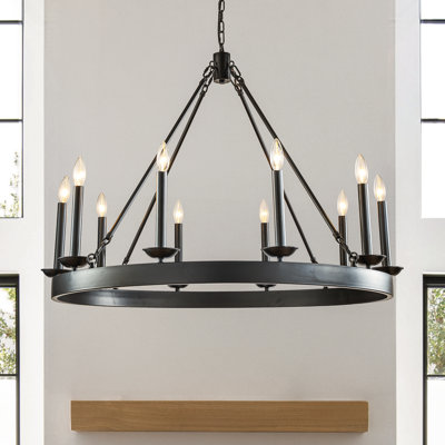 Luminaire suspendu rustique industriel rond en forme de bougie de style campagnard moderne à 10 lumières de 35 pouces Abhijith pour salon et salle familiale