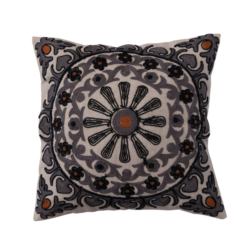 Embroidered Cotton Pillow Cover, 2H x 18W x 18D, Down