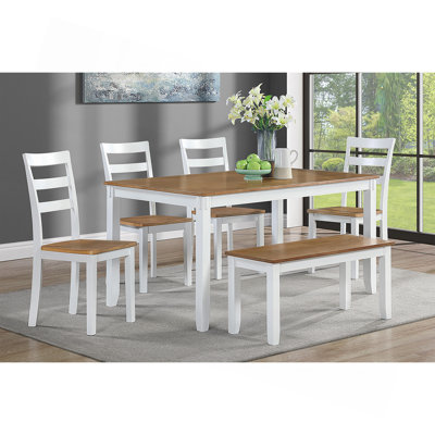 Contemporary 6pc Dining Set Table w 4x Side Chairs And Bench Wooden Seats Chairs Rubber Solid wood Dining Room Furniture