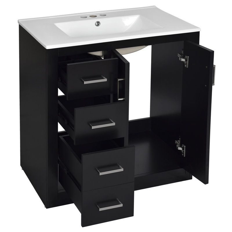 Armoire de salle de bain 30 po avec lavabo en céramique - bois massif et 3 tiroirs, Noir, Argent argent