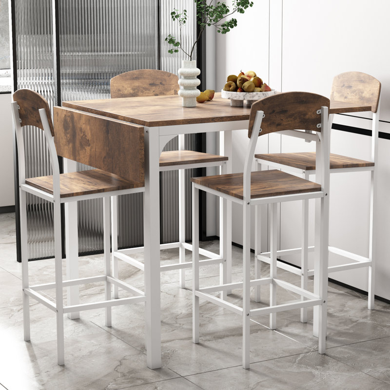 Farmhouse 5-Piece Counter Height Drop Leaf Dining Table Set with Comfortable Chairs for 4, Space-Saving and Stylish, White