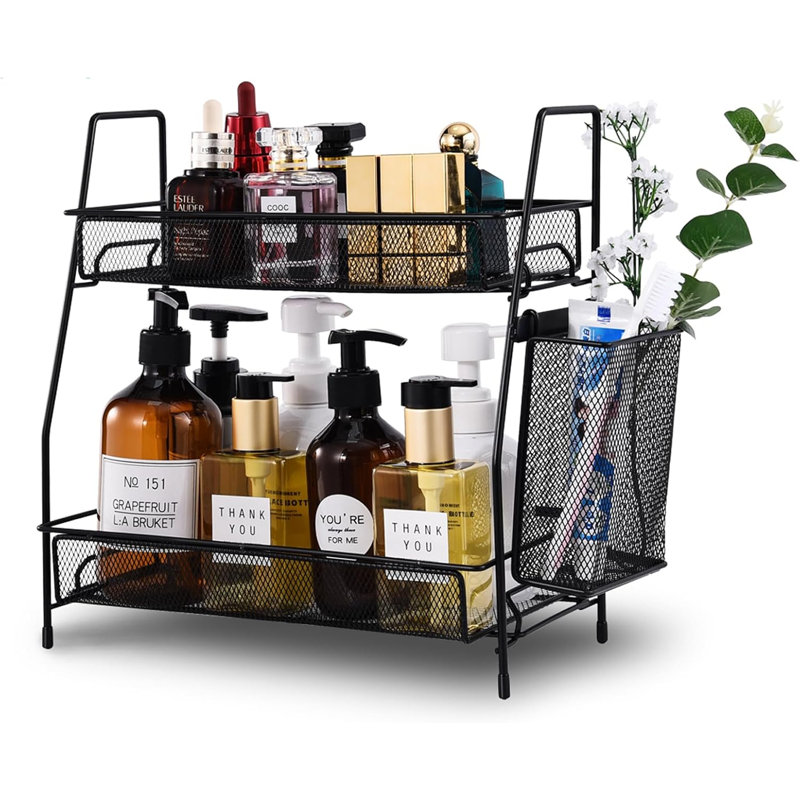 Organisateur de comptoir de salle de bain à 2 niveaux, soins de la peau, organisateurs de comptoir de maquillage, cuisine, rangement de comptoir de salle de bain avec petit panier (noir)