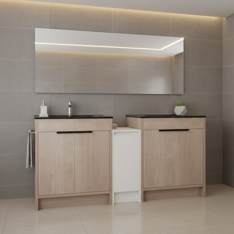 Armoire de salle de bain autoportante (72 pouces), avec lavabo en céramique noire et armoire de rangement, soutenue par des portes à fermeture en douceur, convient aux salles de bain de grande taille
