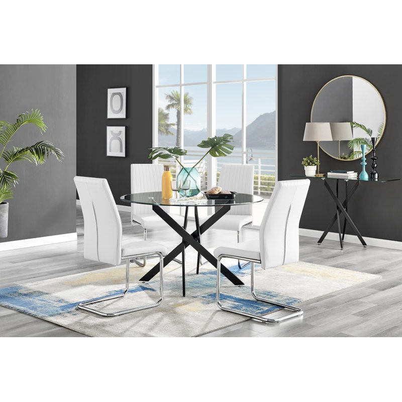 Tierra Sleek Metal and Glass 4 Seat Round Dining Table Set with 4 Luxury Faux Leather Dining Chairs, White