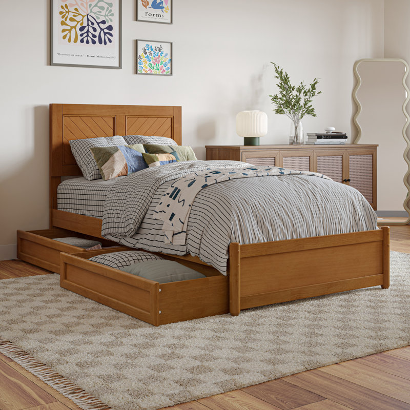 Lamarkus Solid Wood Storage Platform Bed with Footboard & Under Bed Drawers, Twin XL, Light Toffee