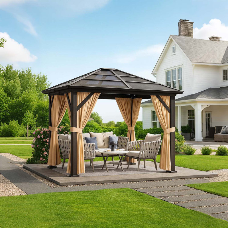 Hardtop Gazebo with Double Roof Canopy and Aluminum Frame Permanent Pavilion with Curtains and Netting, Sunshade for Garden, Patio, Lawns