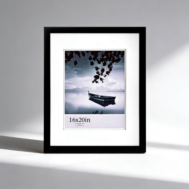 16X20 Inch Solid Wood Picture Frame With Double White Mat - Flat Black Wall Mount Frame For 11X14 Photos - Traditional Elegant Design For Home And Office Décor