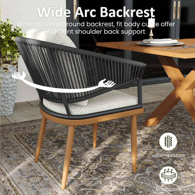 Patio Dining Armchair with Cushion, Beige / Brown Wood, 6