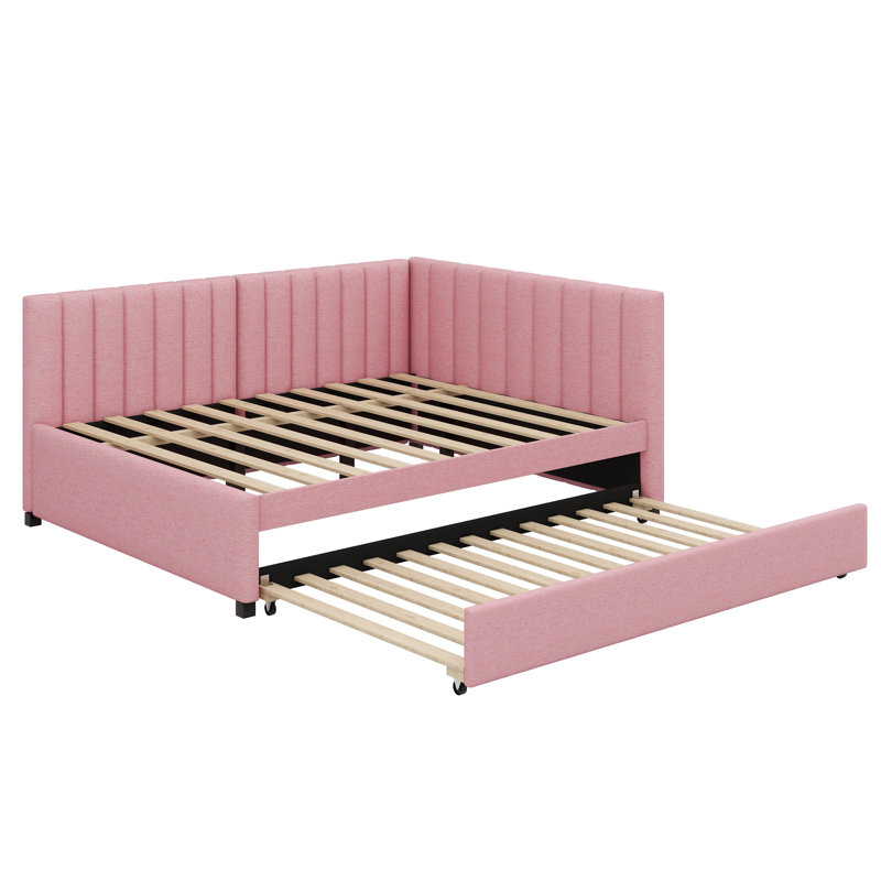 Upholstered Daybed with Trundle Sofa Bed Frame, Pink, Full