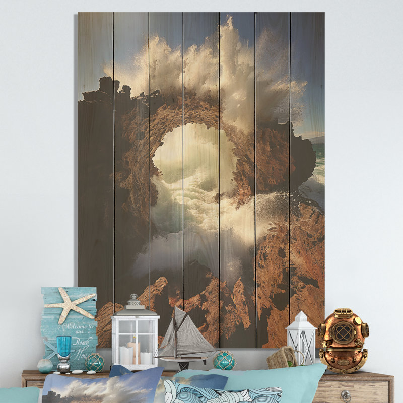 Plage rocheuse avec vagues de falaise - vagues côtières sur bois, H 32 po x l 24 po