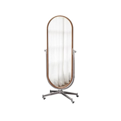 Minimalist Wood Frame Standing Mirror, Freestanding Oval Full Body Mirror with Wheeled Swivel Base