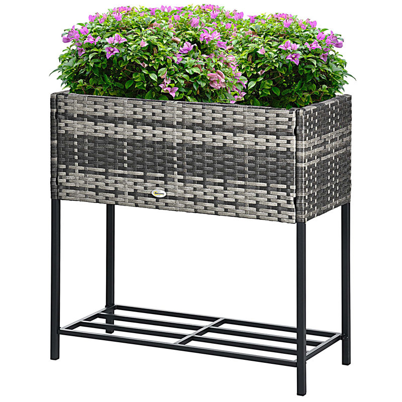 Raised Garden Bed, Elevated Planter Box with Rattan Wicker Look, Tool Storage Shelf, Portable Design for Herbs, Vegetables, Flowers