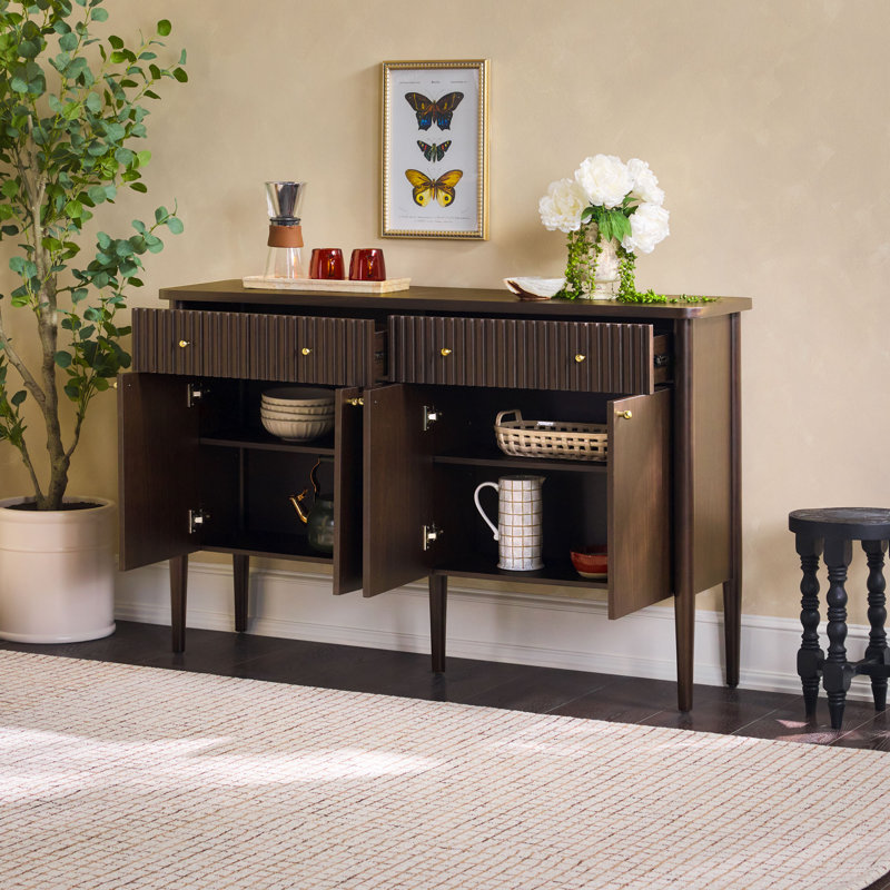 Aleric 58" Modern Fluted Easy Assembly Wood Buffet Sideboard with Storage, Dark Brown Oak