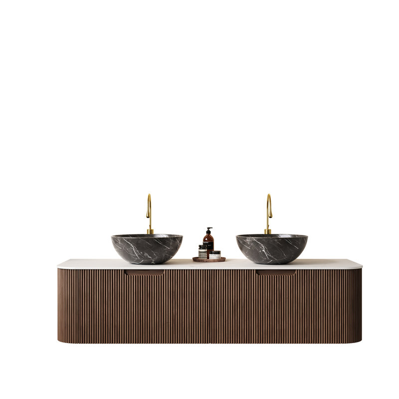 Meuble-lavabo 60 po avec lavabos, armoire de rangement murale rayée à bords arrondis avec 2 tiroirs et 2 cuves en céramique noires avec motif en pierre