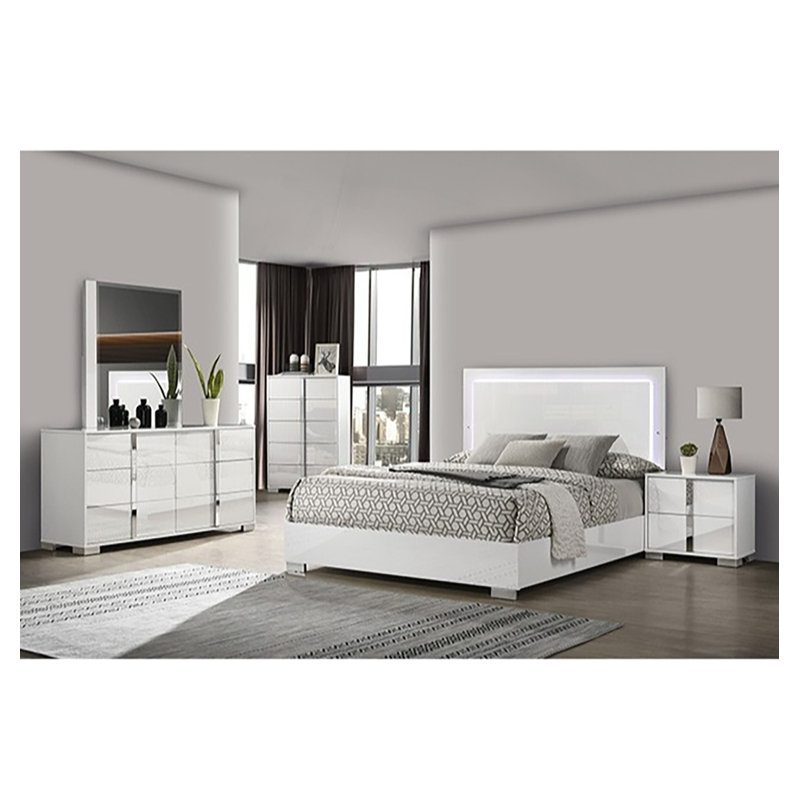 Contemporary 1Pc Bed W LED Headboard UV Finish Bedframe Bedroom Furniture, White, King