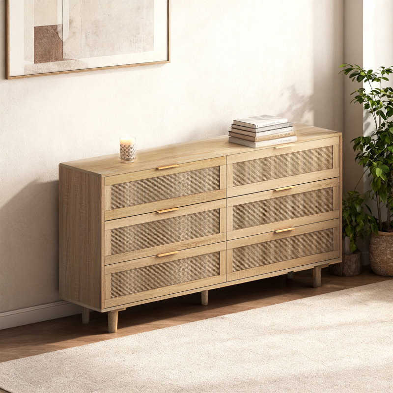 Ayanna 6 Drawer Rattan Storage Dresser, Natural 1, Gold, 29.72" H x 59.06" W x 15.75" D