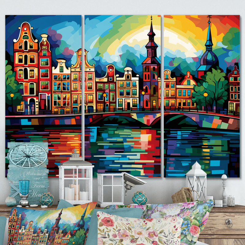 Ensemble d'art urbain sur toile Cityscape Amsterdam Popart - Amsterdam II, H 28 po x l 36 po x P 1 po