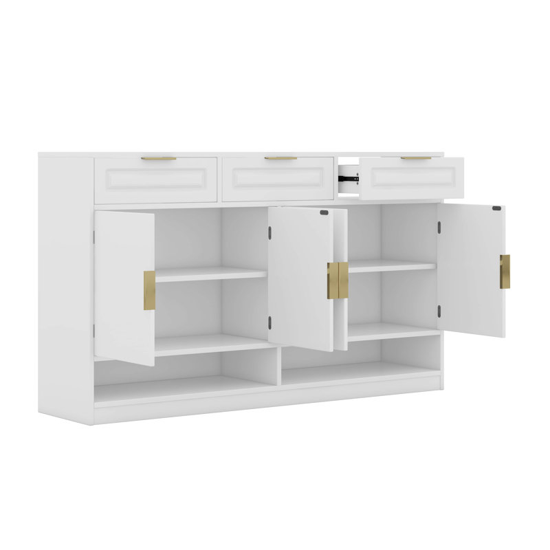 Farmhouse Style Sideboard Buffet With 3 Drawers & 4 Doors, Adjustable Shelf & Open Display Compartments, White