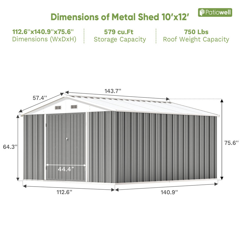 10 ft. W x 12 ft. D Outdoor Metal Storage Shed, Gray