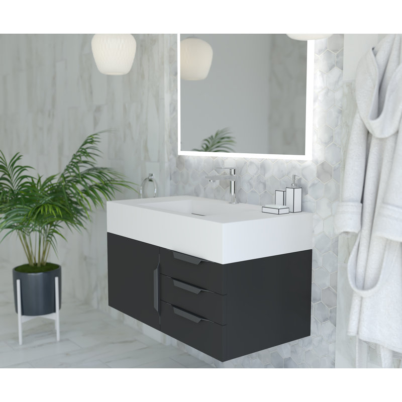 Modern 36" Wall-Mounted Single Bathroom Vanity Set with Mirror, White, Black, Black