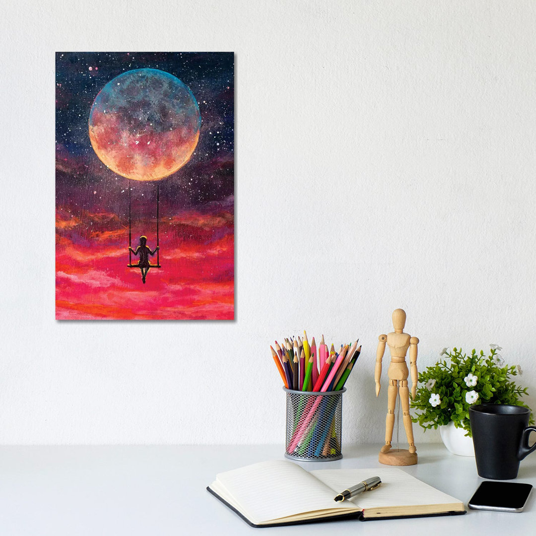 Girl Guy Man Riding On Big Moon Planet Earth - Memorabilia on Canvas