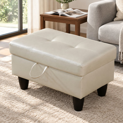 Repose-pieds de rangement en similicuir 28,5 po - Blanc perle