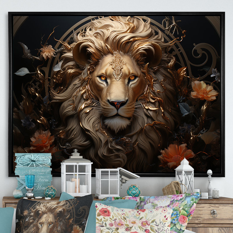 «Radiant Luminous Bronze Lion», reproduction sur toile, Cadre flottant noir, H 24 po x l 32 po