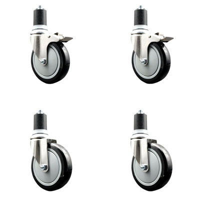 5 Inch 316SS Black Poly Swivel 1-7/8 Inch Expanding Stem Caster Set 2 Lock Brake