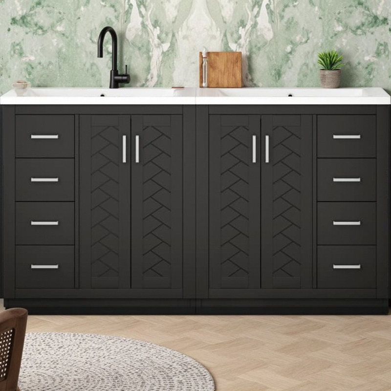 Meuble-lavabo double 60 po avec lavabos en céramique, armoire de rangement en bois massif, Noir
