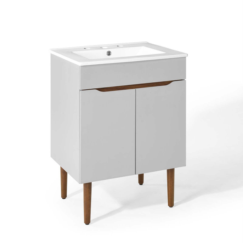Gray and White Mahogany Freestanding Bathroom Vanity with Ceramic Sink