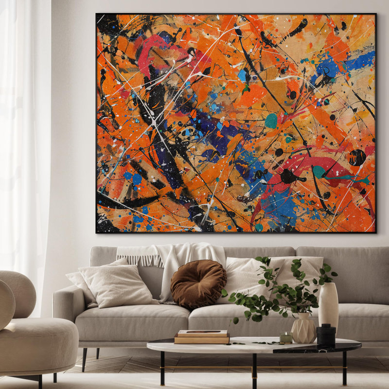 «Vibrant Abstract Splatter Art in Orange and Blue Home Decor», très grand imprimé mural encadré (assemblage requis)
