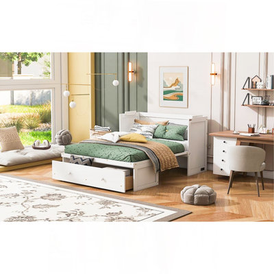 Lit escamotable double avec port USB et grand tiroir, blanc