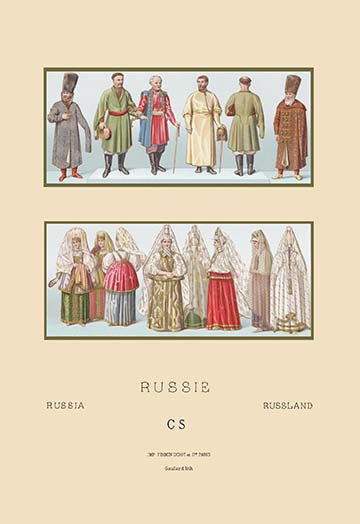 «Chiffres russes et costumes populaires» par Auguste Racinet, impression, H 36 po x l 24 po x P 1,5 po