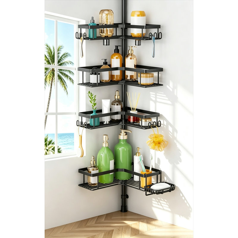 Étagère de douche d'angle à 4 niveaux en acier inoxydable antirouille, réglable en hauteur de 121,1 cm à 314,3 cm, noire