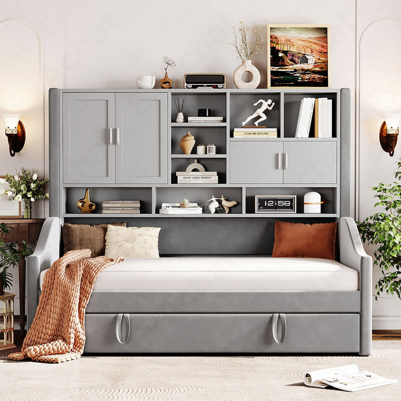 Twin Size Upholstered Daybed With LED Armrest Lights, Storage Shelves & Cabinets, Pull-Out Lift-Up Twin Trundle(Gray), Gray