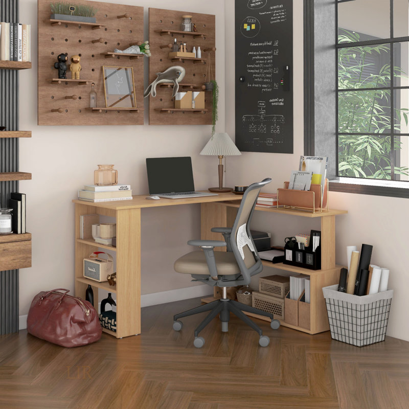 L Shaped Corner Desk With 360 Degree Rotating Design And Storage Shelves, Perfect For Home Office And Small Spaces